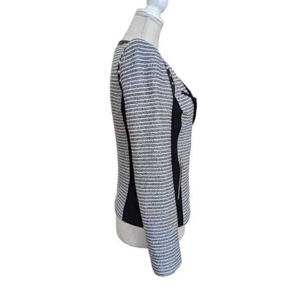 McGinn Blue & White Stripped Tweed Moto Jacket Studded Faux Leather Trim Sz S - Picture 6 of 15